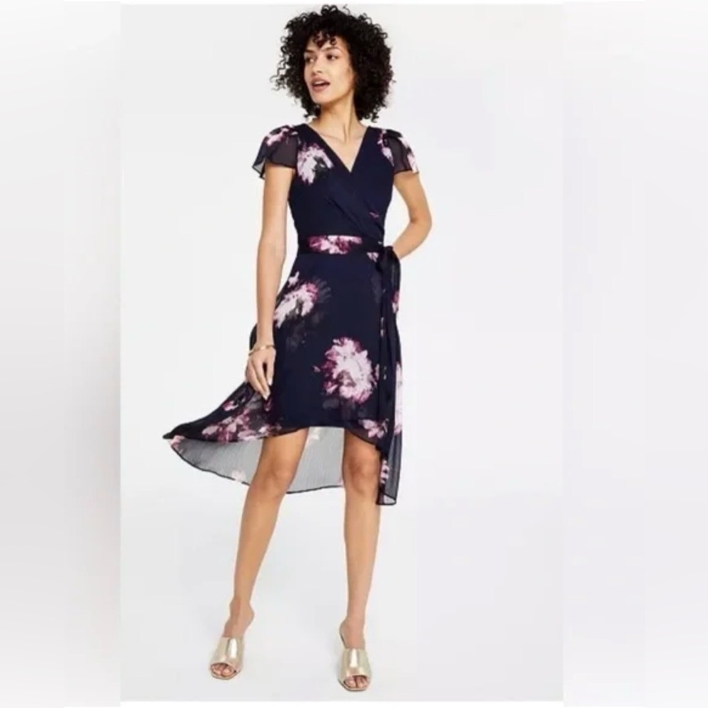 DKNY Size 6 Floral-Print Faux-Wrap Flutter-Sleeve Midi Dress